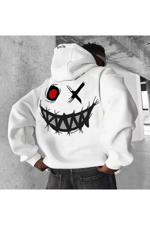 Baskılı Beyaz Oversize Kapşonlu Sweatshirt Hoodie