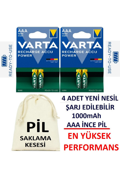 1000Mah Ni-Mh Ready To Use Aaa Şarjlı Ince Kalem Pil 4'Lü Paket+Pil Saklama Kesesi