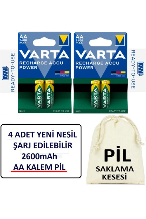 4 Adet 2600Mah Ni-Mh Ready To Use Aa Şarjlı Kalem Pil+Pil Saklama Kesesi