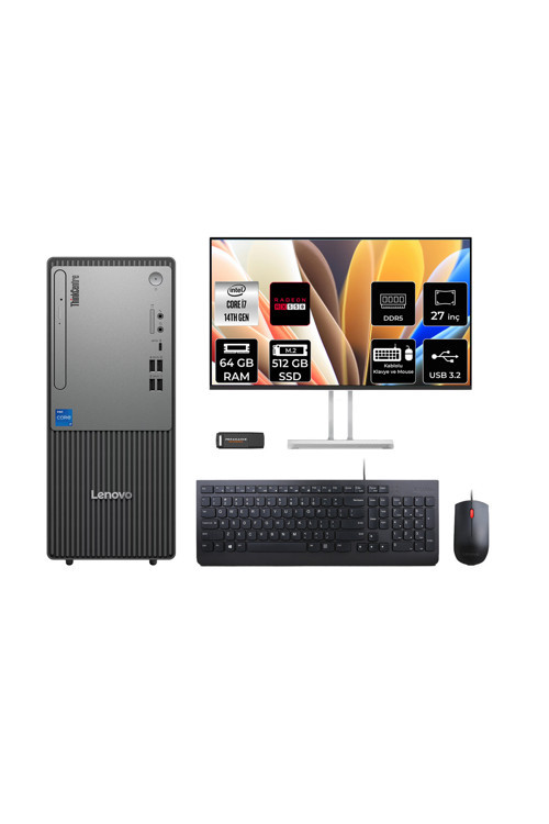 Thinkcentre Neo 50T G5 İ7 14700 64Gb 512Gb Ssd Rx550/4Gb Fdos Masaüstü Bilgisayar + 27"