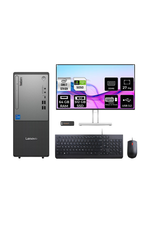 Thinkcentre Neo 50T G5 İ7 13700 64Gb 512Gb Ssd Rtx5050/8Gb Fdos Masaüstü Bilgisayar + 27"