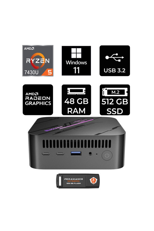 Mp100 Amd Ryzen 5 7430U 48Gb 512Gb Ssd W11H Mini Masaüstü Bilgisayar