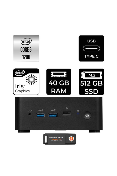 Cubi Nuc Intel Core 5 120U 40Gb 512Gb Ssd Fdos Mini Masaüstü Bilgisayar & Per4 Usb