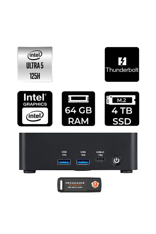 Cubi Nuc Intel Core Ultra 5 125H 64Gb 4Tb Ssd Fdos Mini Masaüstü Bilgisayar & Per4 Usb