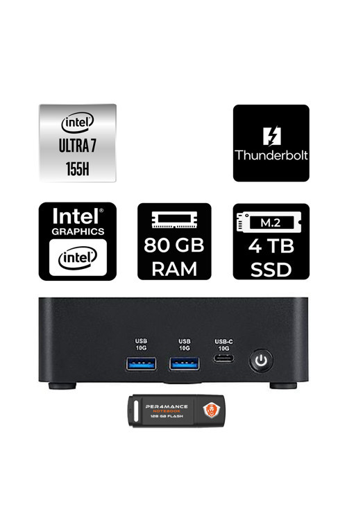 Cubi Nuc Intel Core Ultra 7 155H 80Gb 4Tb Ssd Fdos Mini Masaüstü Bilgisayar & Per4 Usb