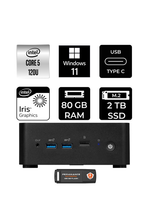 Cubi Nuc Intel Core 5 120U 80Gb 2Tb Ssd W11H Mini Masaüstü Bilgisayar & Per4 Usb