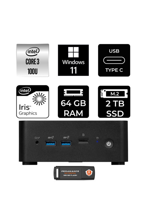 Cubi Nuc Intel Core 3 100U 64Gb 2Tb Ssd W11H Mini Masaüstü Bilgisayar & Per4 Us