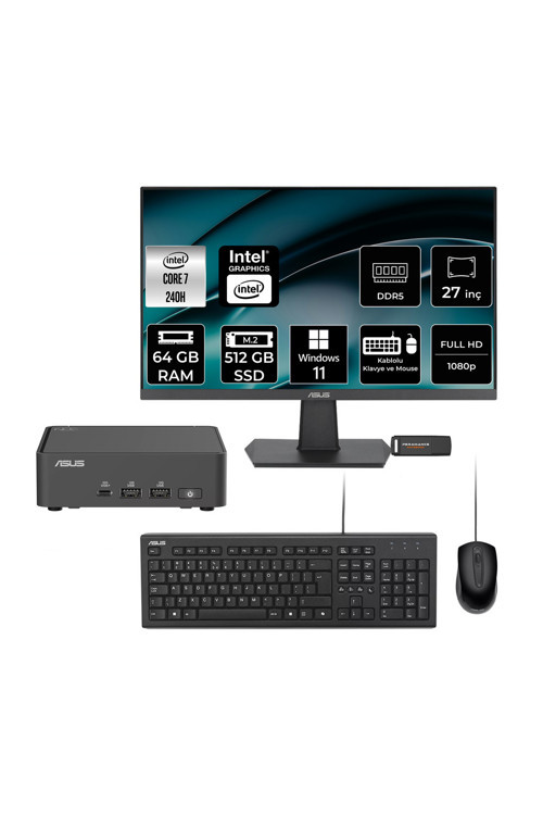 Nuc 15 Pro Slim Intel Core 7 240H 64Gb 512Gb Ssd 27" Fhd W11H Mini Masaüstü Bilgisayar