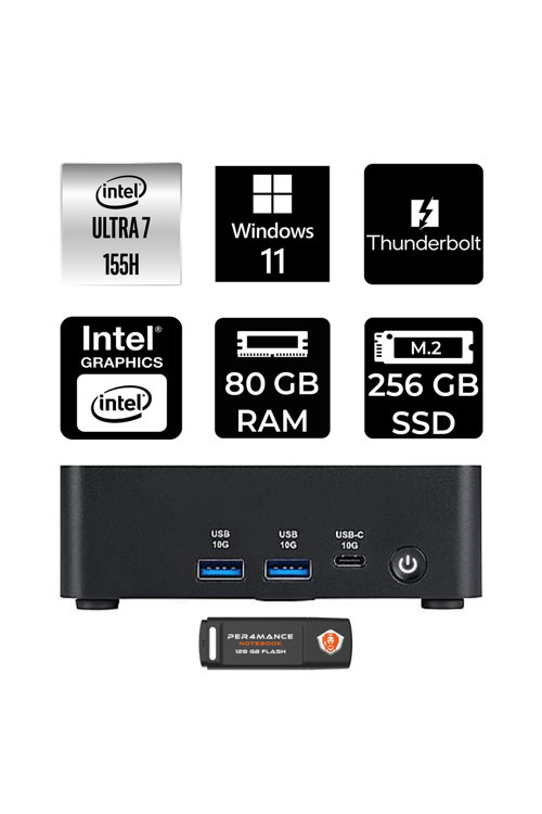 Cubi Nuc Intel Core Ultra 7 155H 80Gb 256Gb Ssd W11H Mini Masaüstü Bilgisayar & Per4 Usb