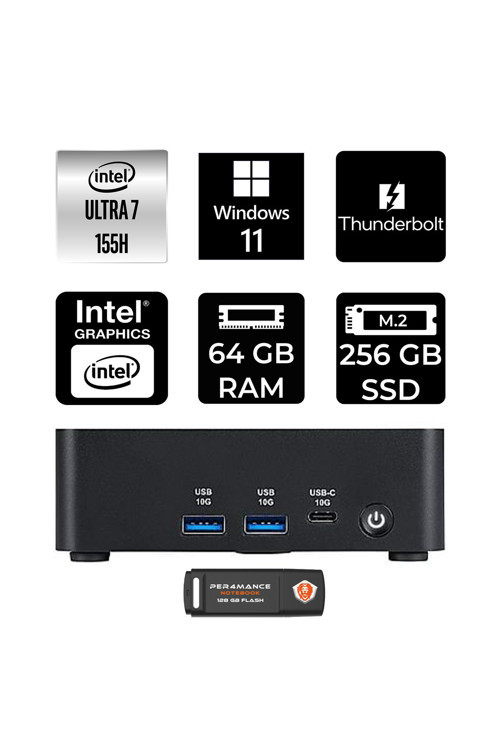 Cubi Nuc Intel Core Ultra 7 155H 64Gb 256Gb Ssd W11P Mini Masaüstü Bilgisayar & Per4 Usb