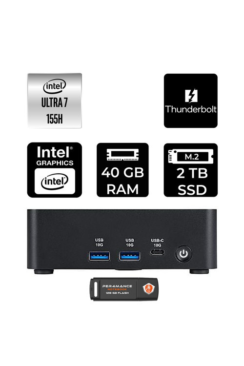 Cubi Nuc Intel Core Ultra 7 155H 40Gb 2Tb Ssd Fdos Mini Masaüstü Bilgisayar & Per4 Usb