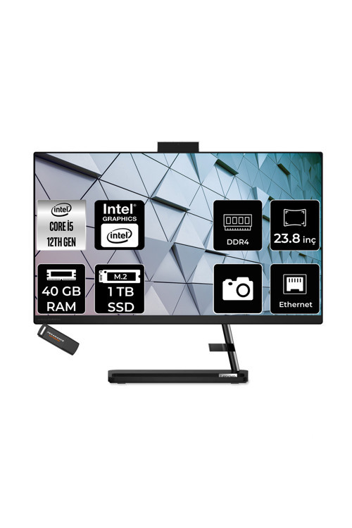 Ideacentre 24Iap7 İ5 12450H 40Gb 1Tb Ssd 23.8" Fhd Fdos Siyah All İn One Bilgisayar