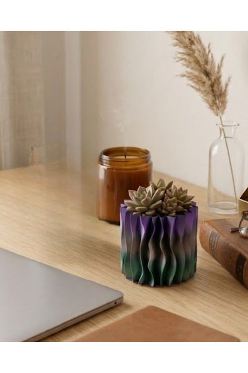 Modern Dalgalı Yüzey Tasarımlı Mor 3D Dekoratif Saksı Vazo
