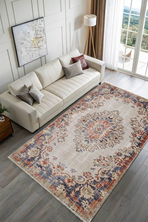 Retro Turuncu Lacivert Şönil Halı Kilim Yolluk Kaymaz Yıkanabilir Salon Mutfak Koridor