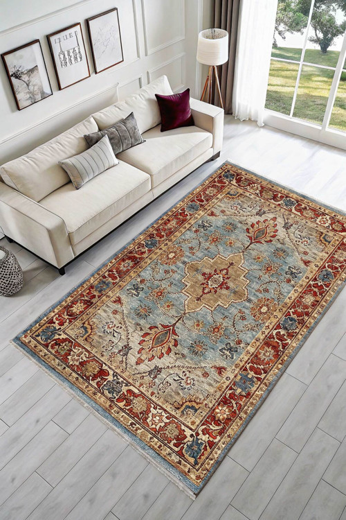 Tasarım Sultani Mavi Şönil Halı Kilim Yolluk Kaymaz Yıkanabilir Salon Mutfak Koridor