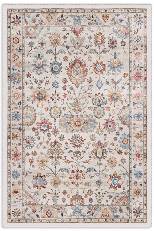 Tasarım Çift Taraflı Yıkanabilir Şönil Halı Kilim Yolluk Çiçek Motifli Bej Krem Renkli