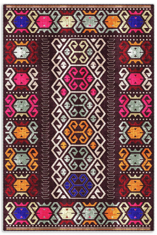 Etnik Acı Kahve Anadolu Kilim Modeli Şönil Halı Kilim Yolluk Kaymaz Yıkanabilir Salon Koridor Mutfak