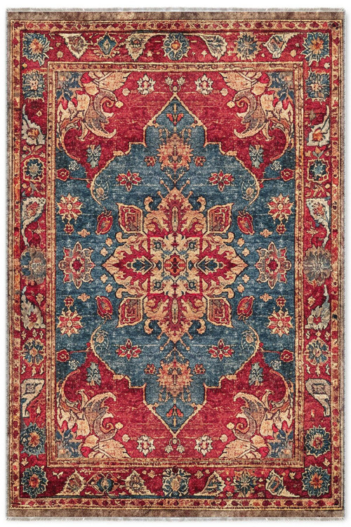Tasarım Kırmızı Mavi Şönil Halı Kilim Yolluk Kaymaz Yıkanabilir Salon Mutfak Koridor