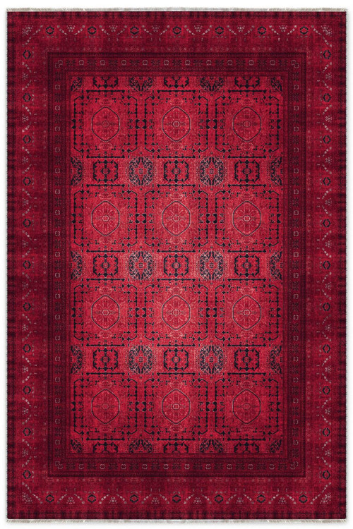 Tasarım Bordo Kırmızı Afgan Türkmen Şönil Halı Kilim Yolluk Kaymaz Yıkanabilir Salon Mutfak Koridor