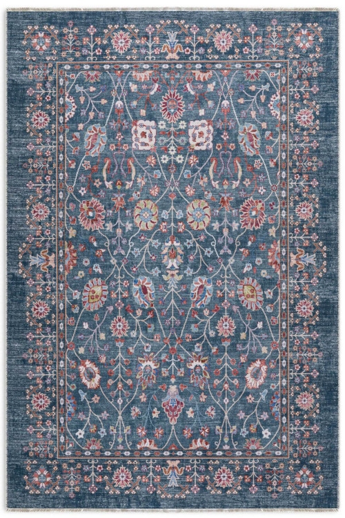 Eskitme Mavi Etnik Desenli Şönil Kendinden Saçaklı Halı Kilim Yolluk Yıkanabilir Kaymaz Taban