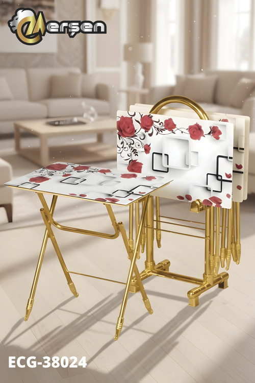 Eranş Serisi 4'lü Katlanır CAM Kare ve Gül Desen Çanta Zigon Sehpa Gold Ayak