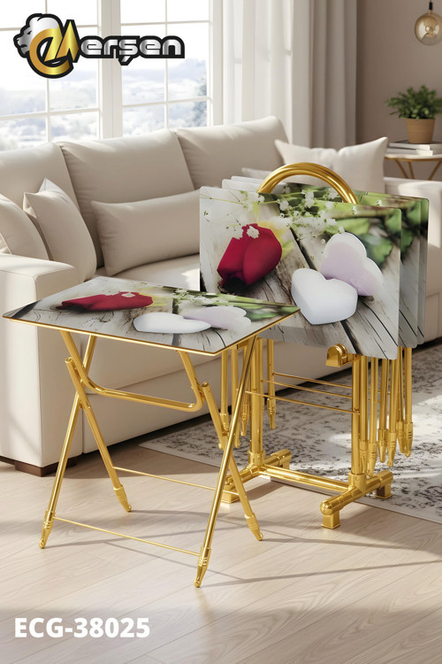 Eranş Serisi 4'lü Katlanır CAM Gül ve Kalp Desen Çanta Zigon Sehpa Gold Ayak