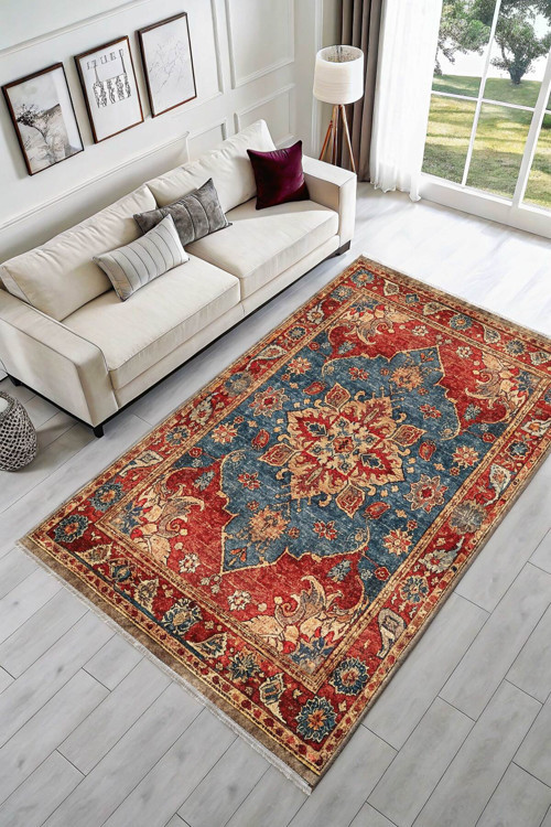 Tasarım Kırmızı Mavi Şönil Halı Kilim Yolluk Kaymaz Yıkanabilir Salon Mutfak Koridor