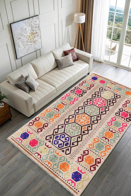 Bej Pembe Anadolu Kilim Modeli Şönil Halı Kilim Yolluk Kaymaz Yıkanabilir Salon Koridor Mutfak