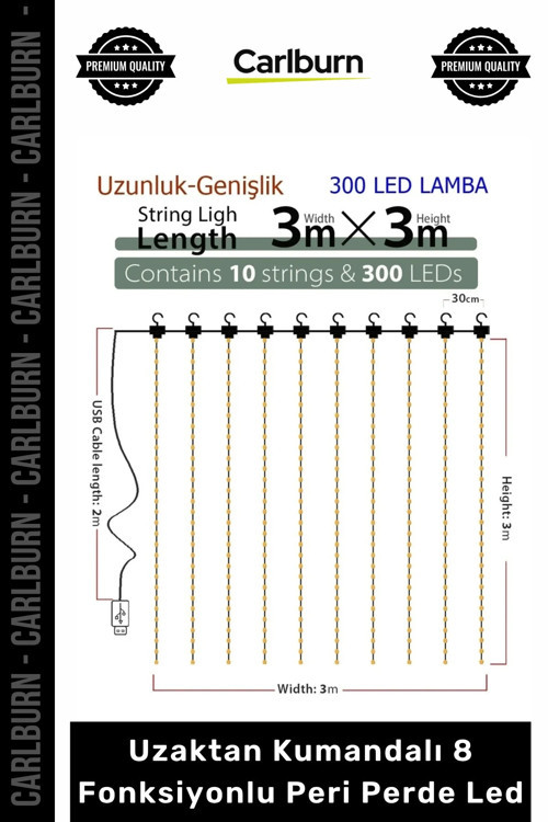 8 Fonksiyonlu Peri Perde Led Uzaktan Kumandalı Günışığı Perde Peri Led (3 mt x 3 mt)