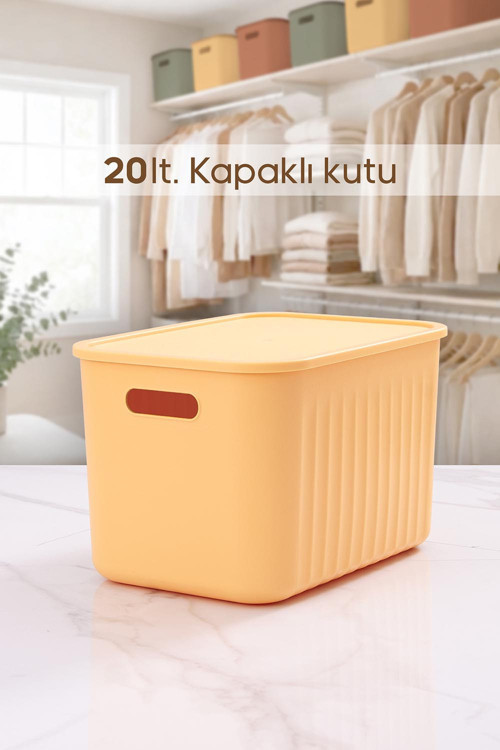Sarı Dolap Düzenleyici 20 Lt Kapaklı Saklama Kutusu Sepet Oyuncak Kutusu Organizer