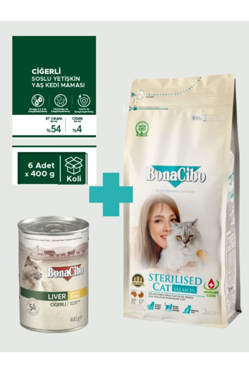 Sterilised Somonlu Kedi Maması 2 Kg & Soslu Ciğerli Yaş Mama Seti (6x400 gr)