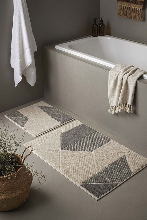 Soft Gri Geometrik Desen 2’li Banyo & Klozet Paspas Takımı