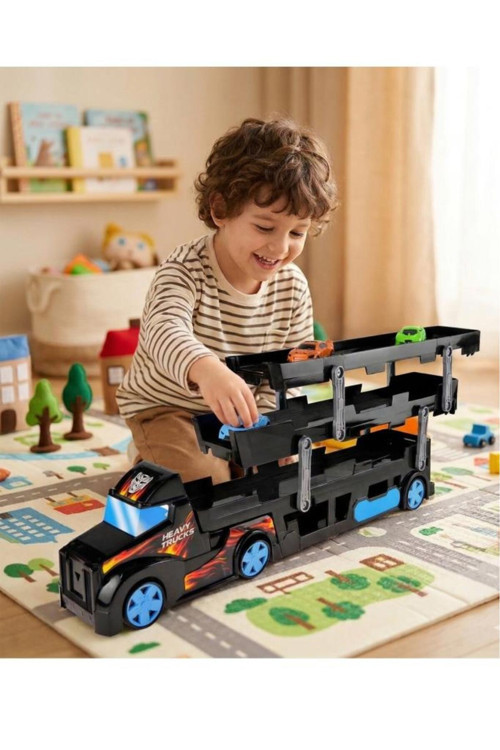 3 Katlı 3 Araçlı Transporter Oyun Seti- Siyah