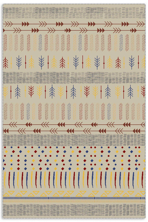 Bohem Tarzı Etnik Desenli Şönil Halı Kilim Yolluk Bej Renkli Çocuk Odası Oturma Odası Mutfak Kaymaz