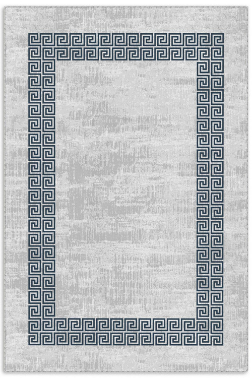 Modern Lacivert Çerçeveli Gri Şönil Halı Kilim Yolluk Yıkanabilir Kaymaz Salon Mutfak Koridor