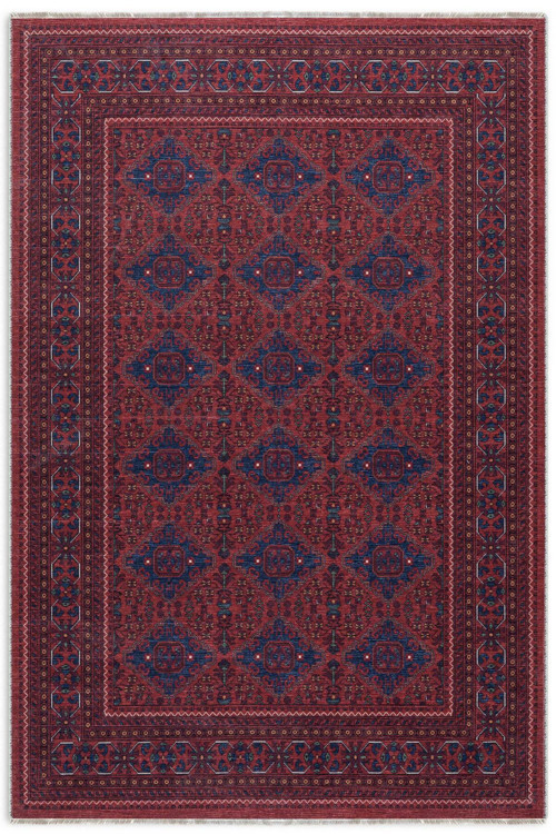 Eskitme Bordo Pembe Kendinden Saçaklı Şönil Afgan Halısı Kilim Kaymaz Taban Yıkanabilir Yolluk