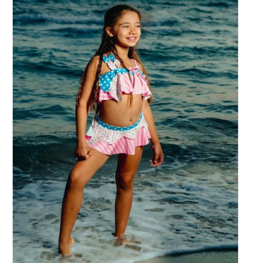 Cg Kids Renkli Desen Baskılı Fiyonk Detaylı Askılı Kız Çocuk Bikini / Mayo Alt Üst Takım Süper Kalite