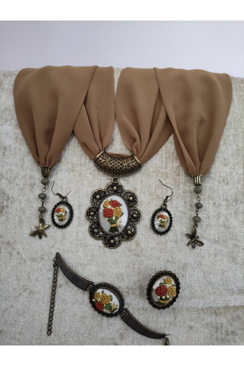 Fular Ve Takı Seti Brezilya Nakış Işlemeli Rokoko Fular Bileklik Yüzük Ve Küpe Set