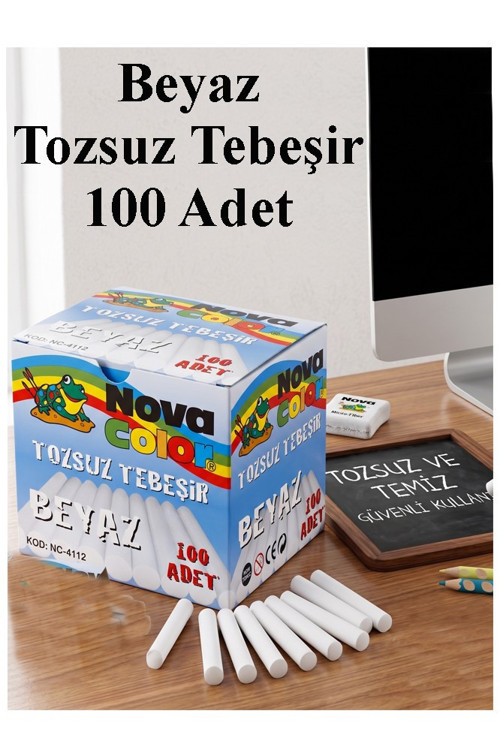 Beyaz Tebeşir Tozsuz 100 lü 1 Paket Nova Color Tozsuz Beyaz Tebeşir Tahta Tebeşiri Okul Sınıf