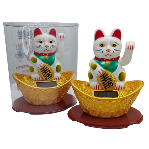 Maneki Neko El Sallayan Şans Kedisi Beyaz Solar Güneş Enerjili 14x12cm NO3BYZ