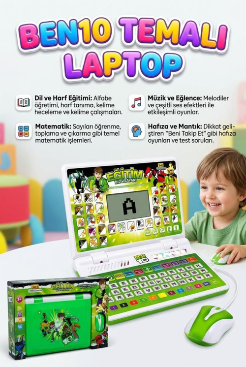 Sesli 100 Fonksiyonlu Ben10 Temalı Fareli Türkçe ve İngilizce Destekli Eğitici Oyuncak Laptop