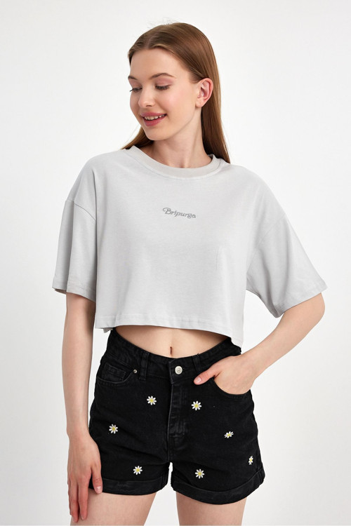 Oversize Crop Nakışlı Kısa Kollu T-Shırt