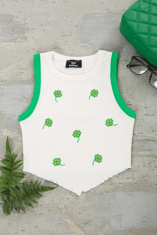 Özel 4 Yapraklı Yonca Nakışlı Crop- Kadın Crop-Yeşil Biyeli-%90 Pamuk S-M-L Için Standart Beden