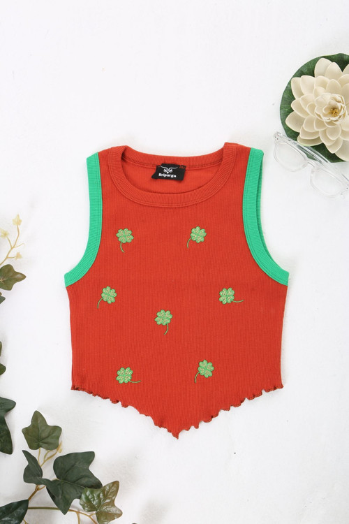 Özel 4 Yapraklı Yonca Nakışlı Crop- Kadın Crop-Yeşil Biyeli-%90 Pamuk S-M-L Standart Beden Turuncu