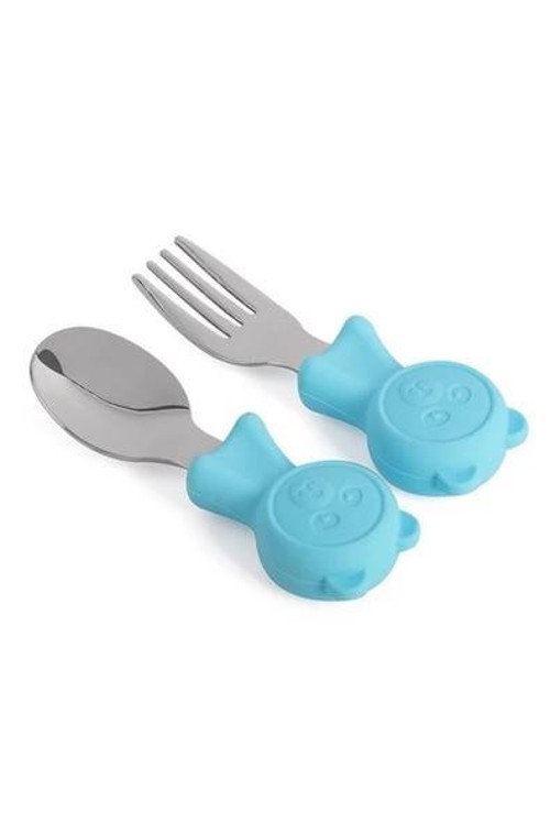 304 Çelik Panda Bebek Kaşık Çatal SetiSilikon Saplı BPA İçermez Ergonomik Kaymaz Mavi