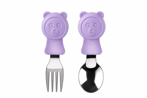 304 Çelik Panda Bebek Kaşık Çatal SetiSilikon Saplı BPA İçermez Ergonomik Kaymaz Mor