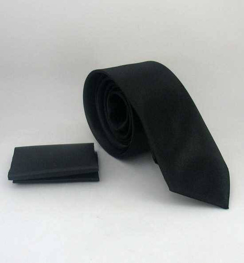 Siyah Slim Fit (ince) Düz Renk Mendilli Saten Kravat - SS-01