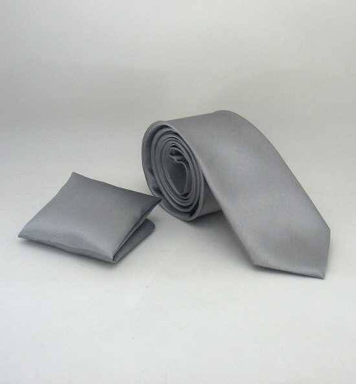 Gri Slim Fit (ince) Düz Renk Mendilli Saten Kravat - SS-04