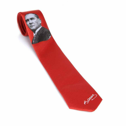 Atatürk ve İmza Desenli Dokuma Kırmızı Kravat - AK-04