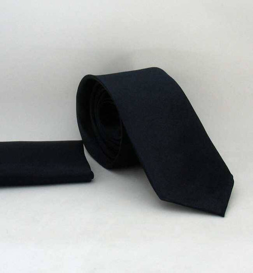 Koyu Lacivert Slim Fit (ince) Düz Renk Mendilli Saten Kravat - SS-24